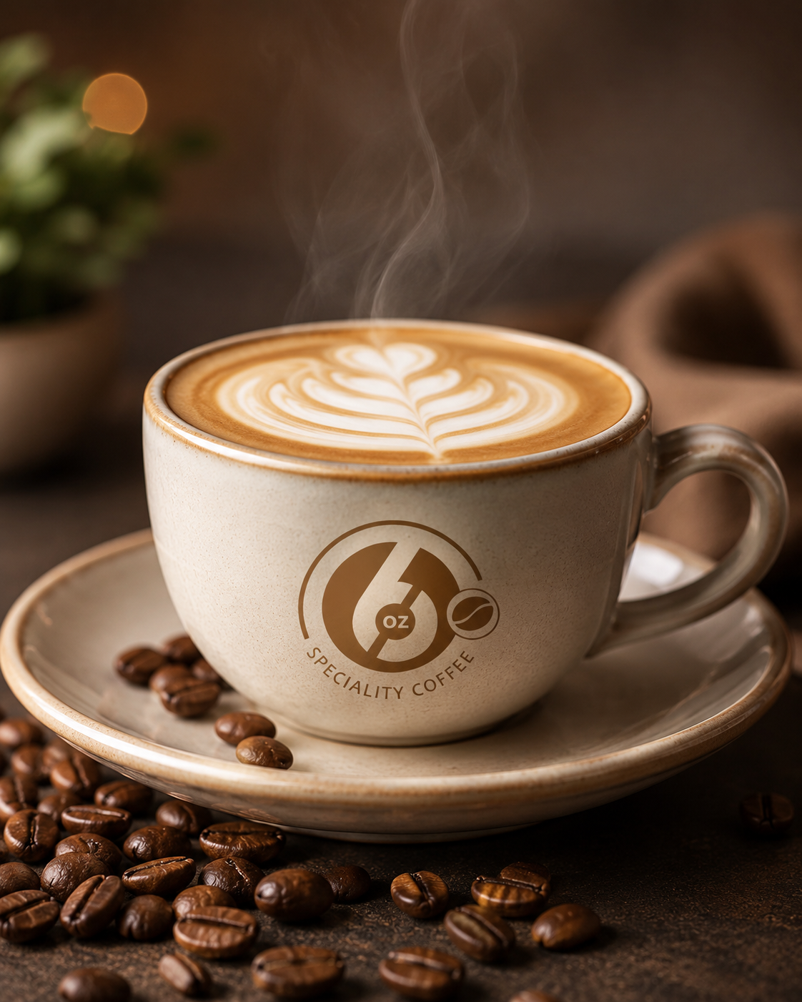 6oz branded cappuccino cup with latte art surrounded by roasted Indian coffee beans